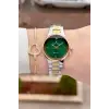 Pırlantalı Kadranı Yeşil Kordonu Gold Gümüş Renk 30 mm Hediye Paketli Kadın Kol Saati ve Bileklik