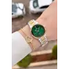 Pırlantalı Kadranı Yeşil Kordonu Gold Gümüş Renk 30 mm Hediye Paketli Kadın Kol Saati ve Bileklik