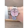Kadranı Pembe Kordonu Gümüş Renk Hediye Paketli Kadın Kol Saati ve Bileklik