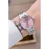 Kadranı Pembe Kordonu Gümüş Renk Hediye Paketli Kadın Kol Saati ve Bileklik