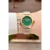 Kadranı Yeşil Kordonu Gold Gümüş Renk 30 Mm Kadın Kol Saati ve Bileklik