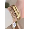 Kadranı Sarı Kordonu Gold Renk Hediye Paketli 23 Mm Kare Kadın Kol Saati ve Bileklik