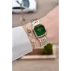 Gold Gümüş Yeşil Renk Hediye Paketli 23 Mm Kare Kadın Kol Saati ve Bileklik