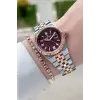 Kadranı Bordo Kordonu Rose Gümüş Renk 30 mm Kadın Kol Saati ve Bileklik