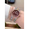 Kadranı Bordo Kordonu Rose Gümüş Renk 30 mm Kadın Kol Saati ve Bileklik