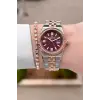Kadranı Bordo Kordonu Rose Gümüş Renk 30 mm Kadın Kol Saati ve Bileklik