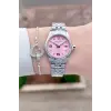 Kadranı Pembe Kordonu Gümüş Renk Kadın Kol Saati