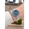 Kadranı Mavi Kordonu Gümüş Renk Kadın 30 Mm Kadın Kol Saati ve Hediye Bileklik