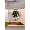 Kadranı Yeşil Kordonu Gold Gümüş Renk 32,5 Mm Hediye Paketli Kadın Kol Saati