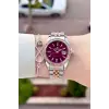 Kadranı Bordo Kordonu Rose Gümüş Renk 32,5 Mm Hediye Paketli Kadın Kol Saati
