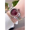 Kadranı Bordo Kordonu Rose Gümüş Renk 32,5 mm Takvimli Kadın Kol Saati ve Bileklik