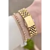 Kadranı Yeşil Kordonu Gold Renk 32,5 mm Takvimli Kadın Kol Saati ve Bileklik