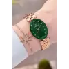 Kadranı Yeşil Kordonu Rose Renk Hediye Paketli 24 Mm Kadın Kol Saati ve Bileklik