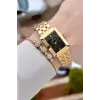 Kadranı Siyah Kodronu Gold Renk Hediye Paketli 22 Mm Kadın Kol Saati ve Bileklik ve Bileklik