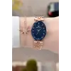Kadranı Lacivert Kordonu Rose Renk Hediye Paketli 24 Mm Kadın Kol Saati ve Bileklik
