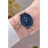 Kadranı Lacivert Kordonu Rose Renk Hediye Paketli 24 Mm Kadın Kol Saati ve Bileklik