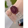 Kadranı Bordo Kordonu Rose Gümüş Renk Hediye Paketli 24 Mm Kadın Kol Saati ve Bileklik