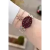 Kadranı Bordo Kordonu Rose Gümüş Renk Hediye Paketli 24 Mm Kadın Kol Saati ve Bileklik