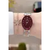 Kadranı Bordo Kordonu Rose Gümüş Renk Hediye Paketli 24 Mm Kadın Kol Saati ve Bileklik