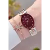 Kadranı Bordo Kordonu Rose Gümüş Renk Hediye Paketli 24 Mm Kadın Kol Saati ve Bileklik