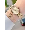 Kadranı Sarı Kordonu Gold Renk Hediye Paketli 24 Mm Kadın Kol Saati ve Bileklik