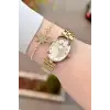 Kadranı Sarı Kordonu Gold Renk Hediye Paketli 24 Mm Kadın Kol Saati ve Bileklik