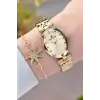 Kadranı Sarı Kordonu Gold Renk Hediye Paketli 24 Mm Kadın Kol Saati ve Bileklik