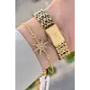 Kadranı Sarı Kordonu Gold Renk Hediye Paketli 24 Mm Kadın Kol Saati ve Bileklik