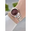 Kadranı Bordo Kordonu Rose Gümüş Renk 30 mm Hediye Paketli Kadın Kol Saati