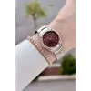 Kadranı Bordo Kordonu Rose Gümüş Renk 30 mm Hediye Paketli Kadın Kol Saati