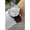 Kasası Gümüş Gold Kordonu Kahverengi Renk 42 Mm Takvimli Hediye Paketli Erkek Kol Saati