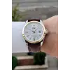 Kasası Gümüş Gold Kordonu Kahverengi Renk 42 Mm Takvimli Hediye Paketli Erkek Kol Saati