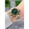 Kadranı Yeşil Kordonu Gold Gümüş Renk 30 Mm Crystal Cam Hediye Paketli Kadın Kol Saati