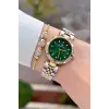 Kadranı Yeşil Kordonu Gold Gümüş Renk 30 Mm Crystal Cam Hediye Paketli Kadın Kol Saati