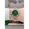 Kadranı Yeşil Kordonu Gold Gümüş Renk 30 Mm Crystal Cam Hediye Paketli Kadın Kol Saati