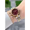 Kadranı Bordo Kordonu Gold Gümüş Renk 30 Mm Crystal Cam Hediye Paketli Kadın Kol Saati