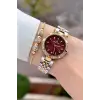 Kadranı Bordo Kordonu Gold Gümüş Renk 30 Mm Crystal Cam Hediye Paketli Kadın Kol Saati