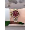 Kadranı Bordo Kordonu Gold Gümüş Renk 30 Mm Crystal Cam Hediye Paketli Kadın Kol Saati