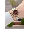 Kadranı Bordo Kordonu Gold Gümüş Renk 30 Mm Crystal Cam Hediye Paketli Kadın Kol Saati