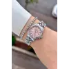 Kadranı Pembe Kordonu Gümüş Renk 28 Mm Hediye Paketli Kadın Kol Saati