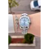 Kadranı Mavi Kordonu Gümüş Renk 30 Mm Hediye Paketli Kadın Kol Saati