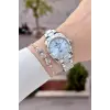 Kadranı Mavi Kordonu Gümüş Renk 30 Mm Hediye Paketli Kadın Kol Saati