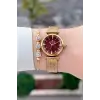 Kadranı Bordo Kordonu Gold Renk 26 Mm Hediye Paketli Kadın Kol Saati