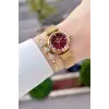 Kadranı Bordo Kordonu Gold Renk 26 Mm Hediye Paketli Kadın Kol Saati