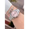 Kadranı Pembe Kordonu Gümüş Renk 30 Mm Hediye Paketli Kadın Kol Saati