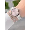 Kadranı Pembe Kordonu Gümüş Renk 30 Mm Hediye Paketli Kadın Kol Saati ve Bileklik