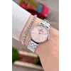 Kadranı Pembe Kordonu Gümüş Renk 30 Mm Hediye Paketli Kadın Kol Saati ve Bileklik
