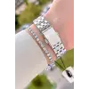 Kadranı Pembe Kordonu Gümüş Renk 30 Mm Hediye Paketli Kadın Kol Saati ve Bileklik