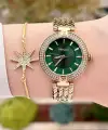 Ferrucci FCISTE301 Kadranı Yeşil Kordonu Gold Renk Hediye Paketli Kadın Kol Saati ve Bileklik