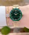 Kadranı Yeşil Kordonu Gold Renk Kadın Kol Saati ve Bileklik